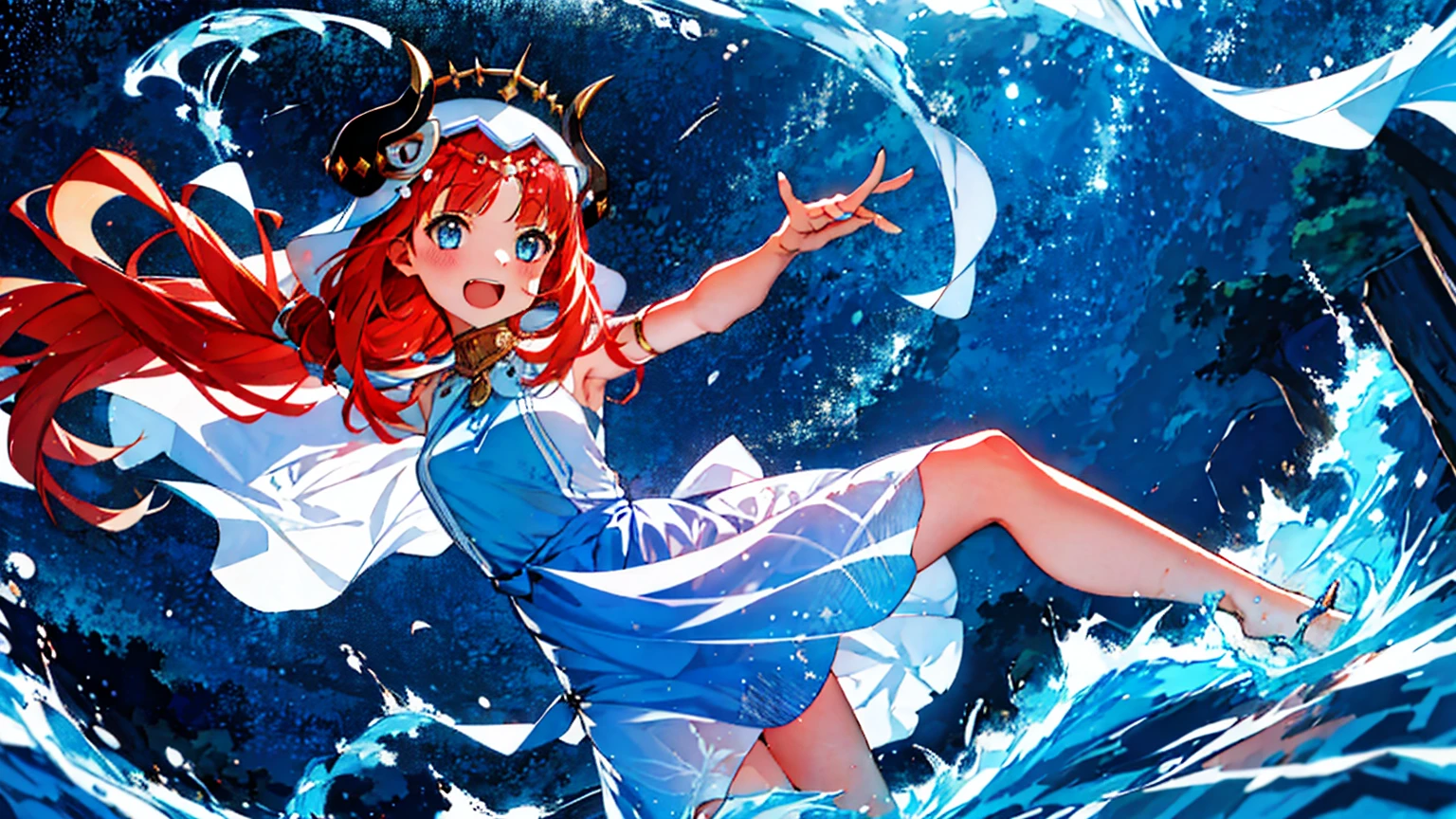 Extremely detailed representation，high quality，16K、8K、high resolution、masterpiece、1 Girl、Please open your mouth wide、Please laugh out loud、Beautiful Teeth,Look up at the starry sky,Floating on the surface of the water,Floating on water,stars shining on the water surface,Calm water surface,White Dress,Redhead,Two black horns