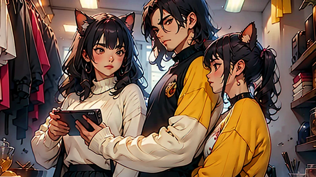 (Junkotvv a girl con orejas de gato) and (neocruz a boy con barba y sin orejas de gato), playing video games together in a room full of 80s style anime and posters in neon tones with video game controllers in their hands and enjoying