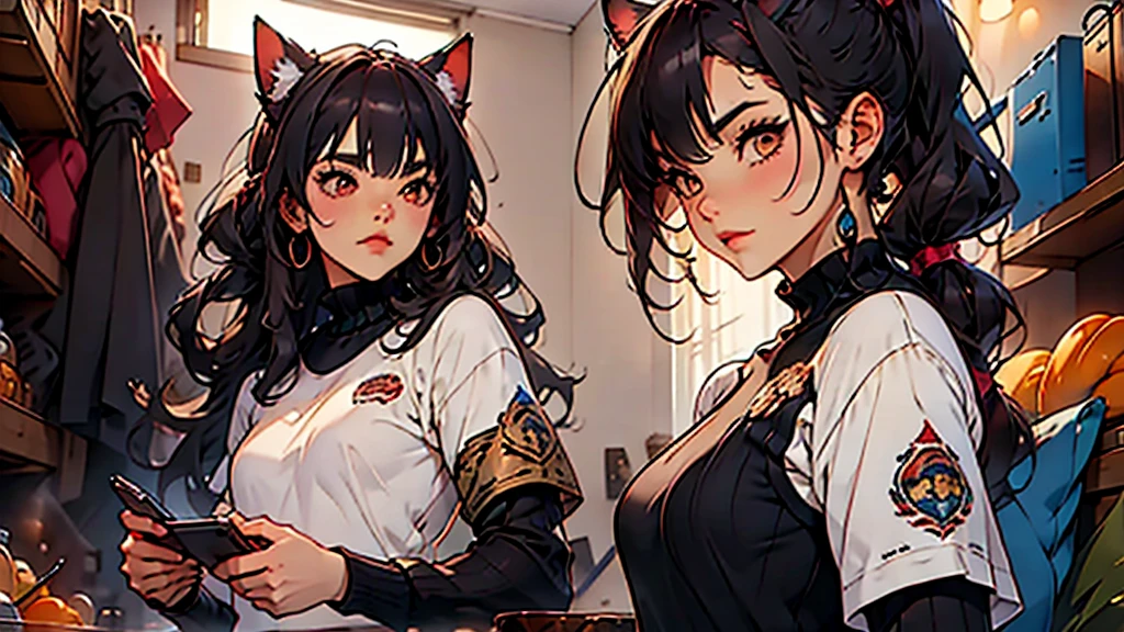 (Junkotvv 고양이 귀를 가진 소녀) 그리고 (고양이 귀가 없고 턱수염을 기른 소년 네오크루즈), playing video games together in a room full of 80s style anime 그리고 posters in neon tones with video game controllers in their h그리고s 그리고 enjoying