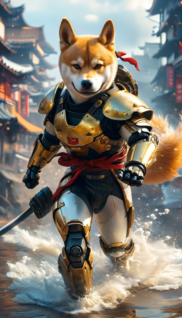 (full body shot:1.5),futuristic Platinum anthropomorphic shiba inu robotic, shiba inu as japanaese futristic robotic samurai, katana sword, dirty and painted armor, destroyed city, stormy weather, apocaliptic world, Super realistic, well detailed,photorealism, cinematic explosion style