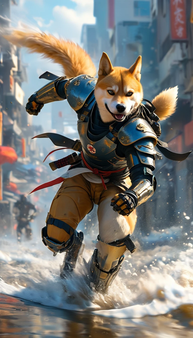 (full body shot:1.5),futuristic Platinum anthropomorphic shiba inu robotic, shiba inu as japanaese futristic robotic samurai, katana sword, dirty and painted armor, destroyed city, stormy weather, apocaliptic world, Super realistic, well detailed,photorealism, cinematic explosion style