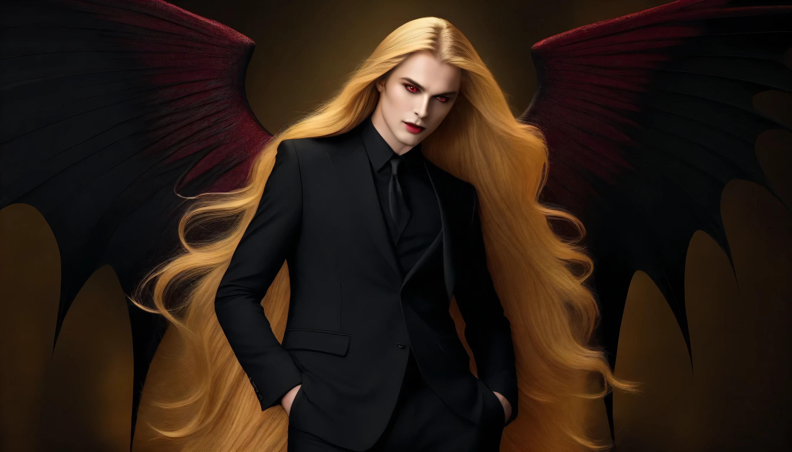Only 1 woman, Very handsome woman, golden hair with long hair style, red eyes, wear black suit and black wings, vampire vibes