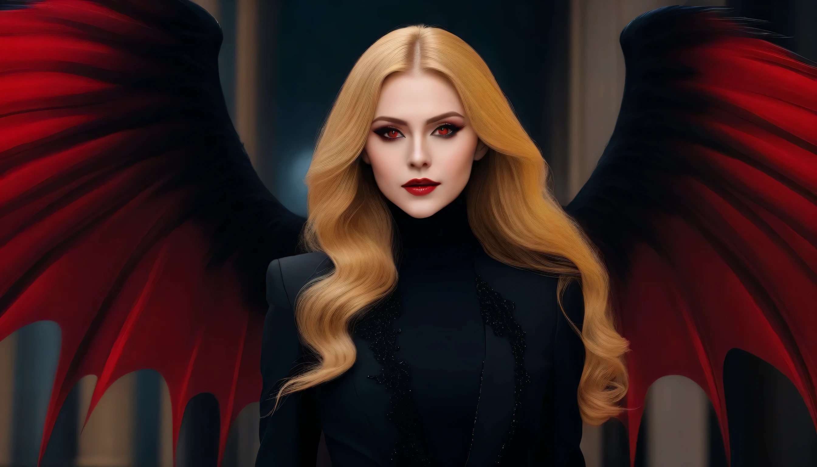 Only 1 woman, Very handsome woman, golden hair with long hair style, red eyes, wear black suit and black wings, vampire vibes