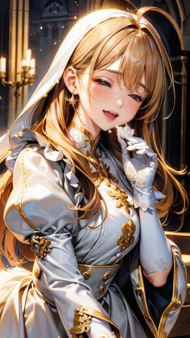 In front of the majestic church altar、（Blurred Background）、Bright light、golden long hair girl、classic white wedding dress、（Elegant luster）、（Lots of races）、Lots of ribbons、((Voluminous puff sleeves))、Long cuffs with lots of buttons、Gold embroidery、Long train、White embroidered gloves、Five Fingers、(Sexual climax), Redness on the cheeks, ((Cum in mouth:1.8, close your eyes, 1boy penis)), 