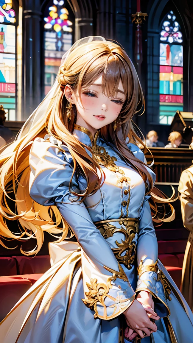 In front of the majestic church altar、（Blurred Background）、Bright light、golden long hair girl、classic white wedding dress、（Elegant luster）、（Lots of races）、Lots of ribbons、((Voluminous puff sleeves))、Long cuffs with lots of buttons、Gold embroidery、Long train、White embroidered gloves、Five Fingers、(Sexual climax), Redness on the cheeks, ((Cum in mouth:1.8, Close your mouth and eyes:1.6, 1boy penis)), 