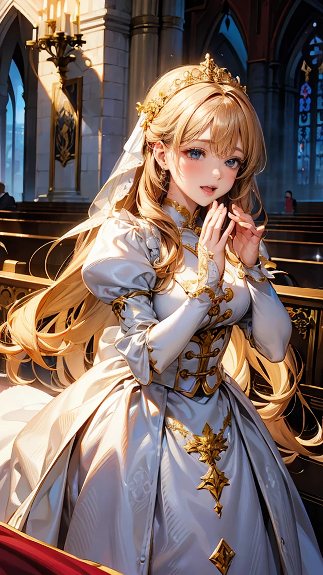 In front of the majestic church altar、（Blurred Background）、Bright light、golden long hair girl、classic white wedding dress、（Elegant luster）、（Lots of races）、Lots of ribbons、((Voluminous puff sleeves))、Long cuffs with lots of buttons、Gold embroidery、Long train、White embroidered gloves、Five Fingers、(Sexual climax), Redness on the cheeks, ((Cum in mouth:1.8, 1boy penis)), 
