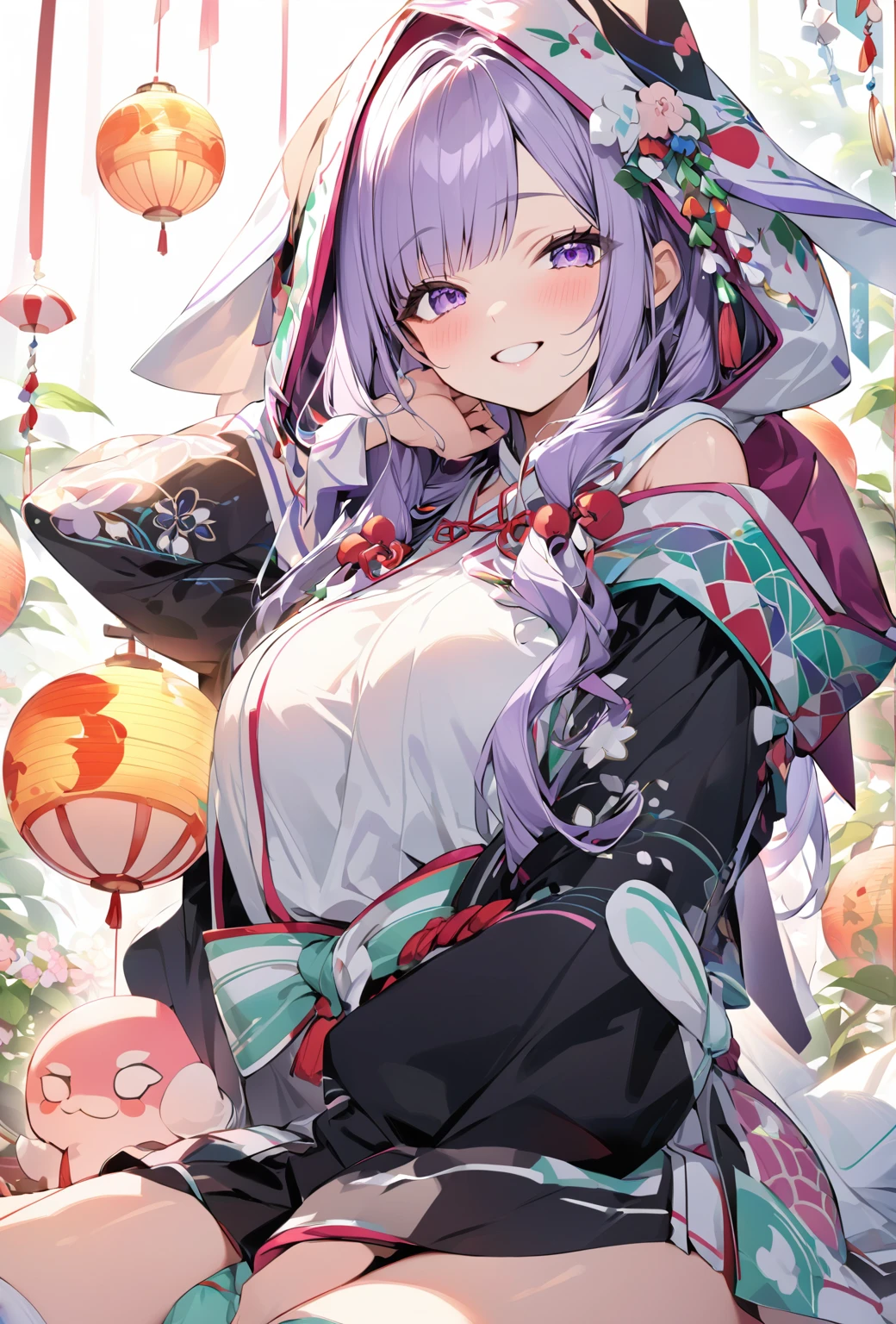 ((Highest quality)), ((masterpiece)), ((Very detailed)), A cute, energetic and active woman with purple hair, about 165cm tall.，A high school girl with a cute smile and ample breasts wearing a cool shrine maiden outfit with a cute patterned hood and cool decorations that expose her shoulders，Small Faced Woman，alone, Cute attitude,(background(bright)，Long Hair - Straight，Knee-high socks、A cool shrine maiden outfit with a cute pattern, white off-the-shoulder hood, and cool decorations.，White wall、Sitting、Facing the viewer、縁に模様がある壁が1面のbackground