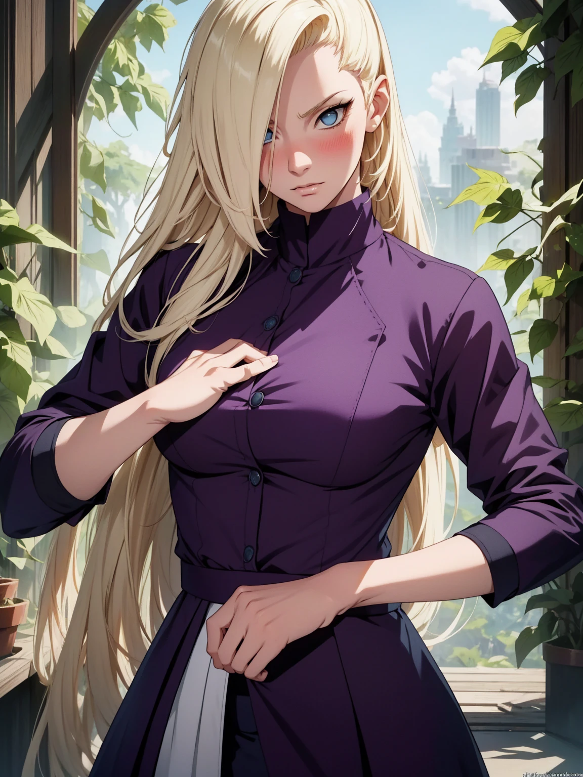 {-erro_de_anatomia:1.0} estilo anime, Masterpiece, absurdities, Yamanaka Ino\(Naruto\), 1girl Solo, woman, Perfect composition, Detailed lips, Beautiful face, body proportion, Blush, Long blonde hair, blue eyes, purple blouse, purple pant, Soft gauze, Super realistic, Detailed, photo shoot, Realistic faces and bodies, masterpiece, best quality, best illustration, hyper detailed, 1 woman, solo, glamorous, blushing, upper body, fighting, on nature, look at the view, dimanic poses,