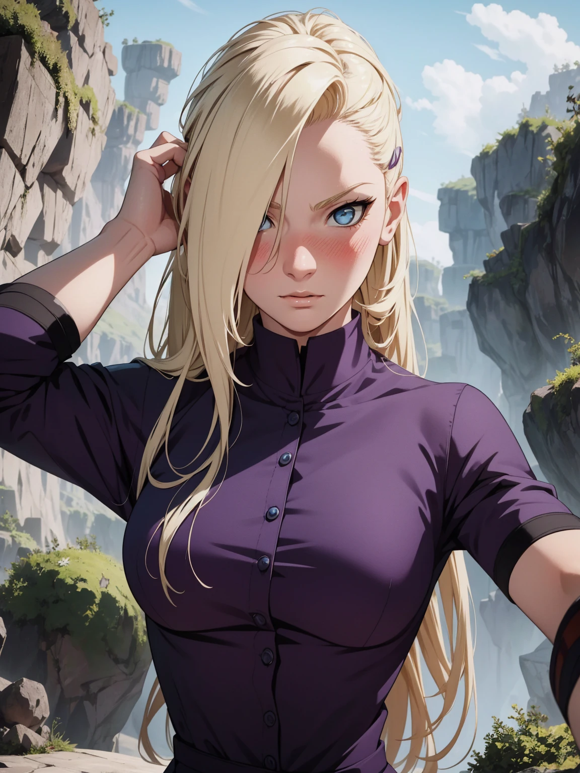 {-erro_de_anatomia:1.0} estilo anime, Masterpiece, absurdities, Yamanaka Ino\(Naruto\), 1girl Solo, woman, Perfect composition, Detailed lips, Beautiful face, body proportion, Blush, Long blonde hair, blue eyes, purple blouse, purple pant, Soft gauze, Super realistic, Detailed, photo shoot, Realistic faces and bodies, masterpiece, best quality, best illustration, hyper detailed, 1 woman, solo, glamorous, blushing, upper body, fighting, on nature, look at the view, dimanic poses,