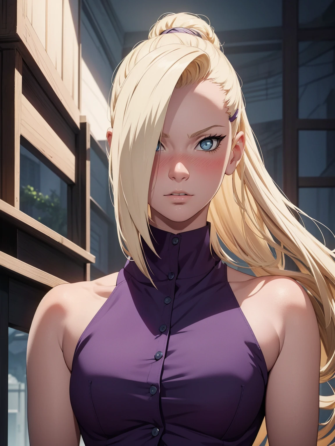 {-erro_de_anatomia:1.0} estilo anime, Masterpiece, absurdities, Yamanaka Ino\(Naruto\), 1girl Solo, woman, Perfect composition, Detailed lips, Beautiful face, body proportion, Blush, Long blonde hair, blue eyes, purple blouse, purple pant, Soft gauze, Super realistic, Detailed, photo shoot, Realistic faces and bodies, masterpiece, best quality, best illustration, hyper detailed, 1 woman, solo, glamorous, blushing, upper body, fighting, on nature, look at the view, dimanic poses,