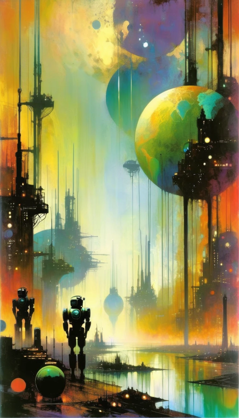 futuristische Welt, verschmutzte Welt, Roboterwelt, verschmutztes Wasser, verschmutzte Himmelsfarben, Industrie, Verschmutzung, große Landschaft,,(Kunst inspiriert von Bill Sienkiewicz ). Ölgemälde)
