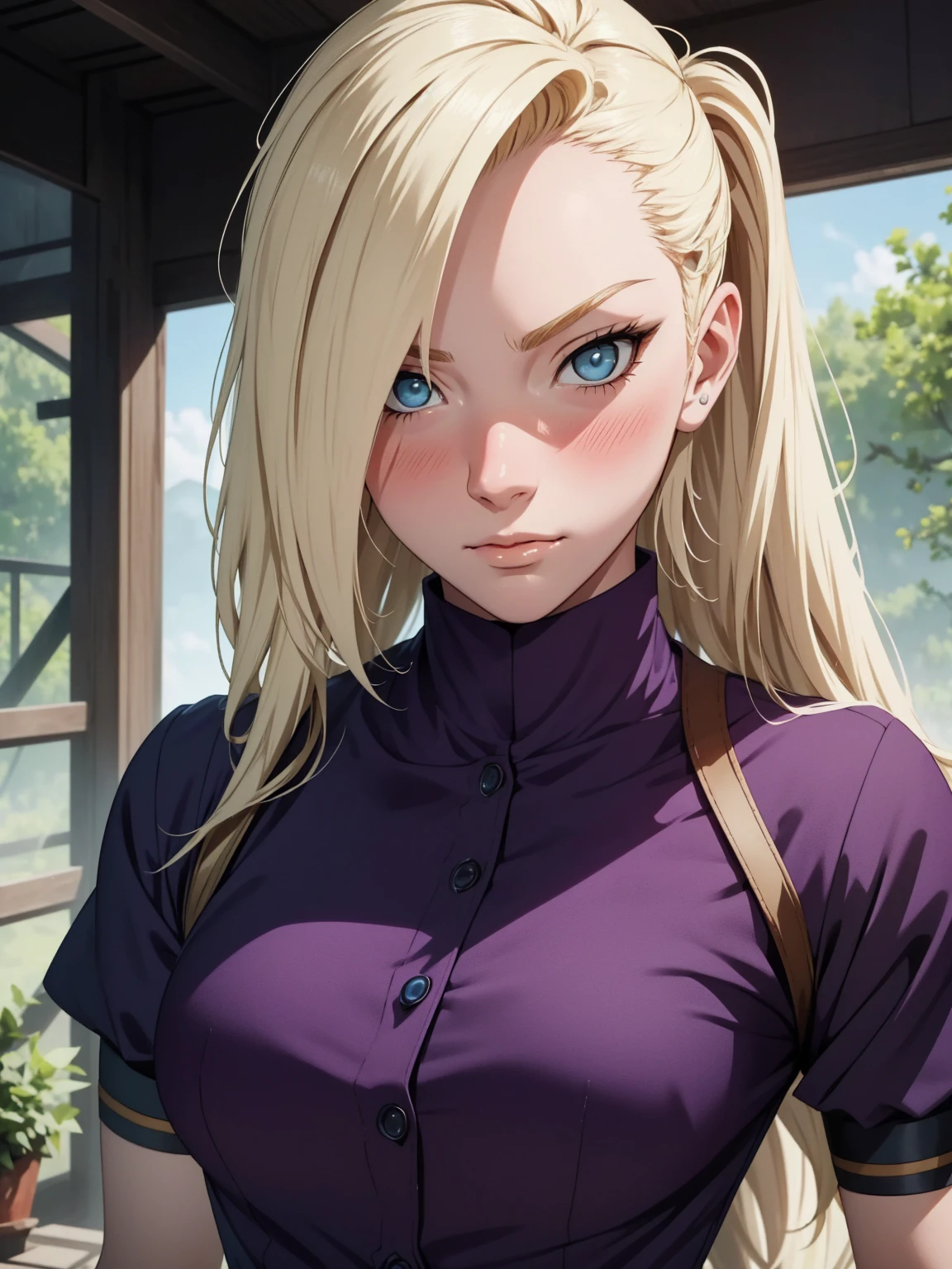 {-erro_de_anatomia:1.0} estilo anime, Masterpiece, absurdities, Yamanaka Ino\(Naruto\), 1girl Solo, woman, Perfect composition, Detailed lips, Beautiful face, body proportion, Blush, Long blonde hair, blue eyes, purple blouse, purple pant, Soft gauze, Super realistic, Detailed, photo shoot, Realistic faces and bodies, masterpiece, best quality, best illustration, hyper detailed, 1 woman, solo, glamorous, blushing, upper body, fighting, on nature, look at the view, dimanic poses,