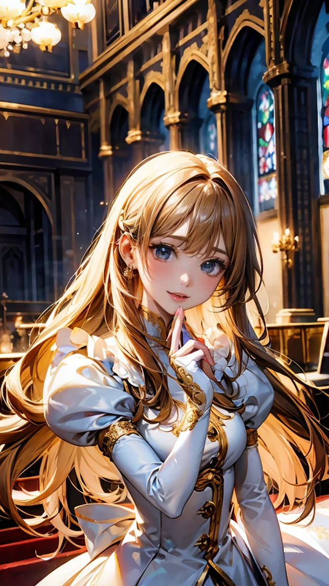 In front of the majestic church altar、（Blurred Background）、Bright light、golden long hair girl、classic white wedding dress、（Elegant luster）、（Lots of races）、Lots of ribbons、((Voluminous puff sleeves))、Long cuffs with lots of buttons、Gold embroidery、Long train、White embroidered gloves、Five Fingers、(Sexual climax), Redness on the cheeks, ((Cum in mouth)), 