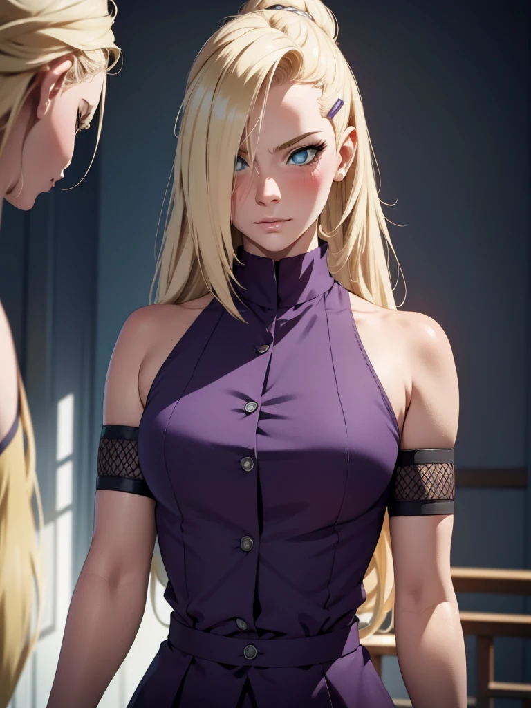 {-erro_de_anatomia:1.0} estilo anime, Masterpiece, absurdities, Yamanaka Ino\(Naruto\), 1girl Solo, woman, Perfect composition, Detailed lips, Beautiful face, body proportion, Blush, Long blonde hair, blue eyes, purple blouse, purple pant, Soft gauze, Super realistic, Detailed, photo shoot, Realistic faces and bodies, masterpiece, best quality, best illustration, hyper detailed, 1 woman, solo, glamorous, blushing, upper body, fighting, on nature, look at the view, dimanic poses,