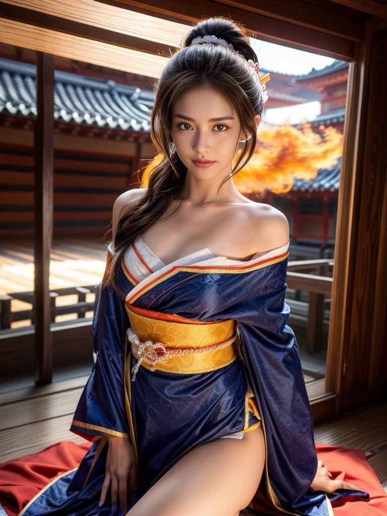 (RAW shooting, Photoreal:1.5, 8k, highest quality, masterpiece, ultra high resolution), Sengoku, Japanese architecture in the background collapses:1.3, いたるところで燃え上がる戦fire:1.3, perfect dynamic composition:1.2, Highly detailed skin and facial textures:1.2, Slim female samurai with a sharp Japanese sword:1.3, Fight:1.2, beautiful and aesthetic, cute and sexy beauty, perfect style:1.2, wear elaborate rings, fire, water, Wind, thunder, ice, Fair skin, very beautiful face, (Medium chest, Chest gap), (embarrassing smile, The expression on your face when you feel intense caress, Facial expression when feeling pleasure), (Wearing a sexy Sengoku uniform:1.2, off shoulder), (beautiful blue eyes, Eyes that feel beautiful eros:0.8), (Too erotic:0.9, Bewitching:0.9), full body shot