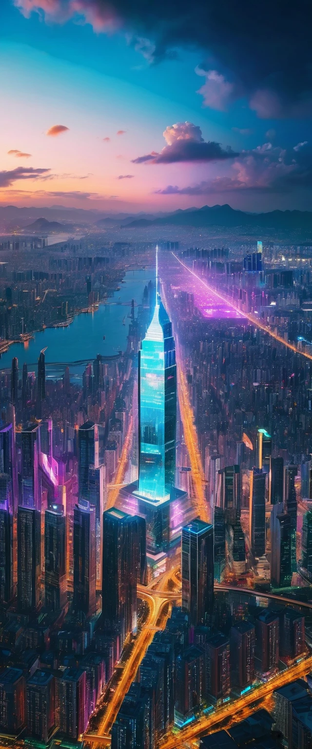 höchste Qualität,(Meisterwerk:1.2),ultrahohe Auflösung,Rohfarbfotos,8K,weite Landschaftsfotografie,Realistische Fotos,Aufwendige Fotos,Nachtansicht vom Himmel,Cyberpunk City,Wolkenkratzer,Projiziertes Hologramm,Tiefe der geschriebenen Grenze,breites Licht,Geringer Kontrast,Hintergrundbeleuchtung,scharfer Fokus,leuchtende Farben,dynamische Komposition,Morgen日,Morgen
