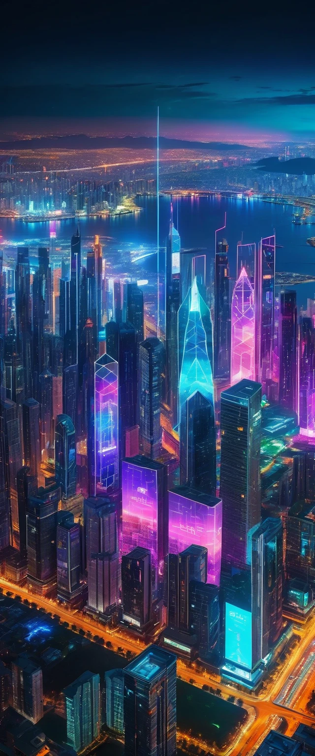 Highest quality,(masterpiece:1.2),Ultra-high resolution,RAW color photos,8K,Vast landscape photography,Realistic photos,Elaborate photos,Night view from the sky,Cyberpunk City,Skyscraper,neon,Projected Hologram,Depth of written boundary,Wide Light,Low Contrast,Backlight,Sharp focus,Vibrant colors,Dynamic composition
