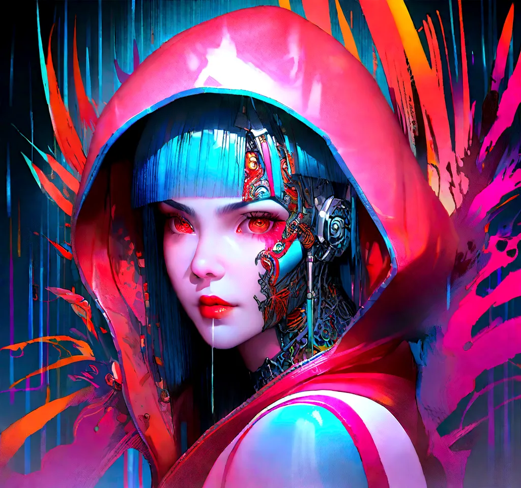 masterpiece, cyborg, The body is glamorous、, Wearing a hood, Shrouded in shadow,Wear an aura , Positano colours, Completely in f...