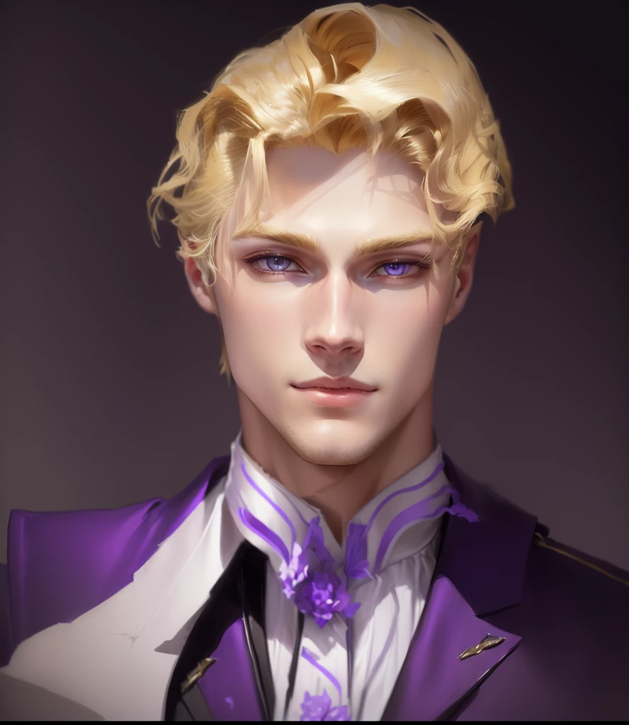 Nahaufnahme eines Mannes mit blonden Haaren und einem lila Hemd, Schöner androgyner Prinz, sanfter androgyner Prinz, hübscher Typ in der Dämonentöter-Kunst, Jojo im Anime-Stil, Johan Liebert arbeitet mit Alucard zusammen, gemacht von einem Anime-Künstler&#39;s Studio, Anime-Porträt eines gutaussehenden Mannes, Johann Liebert and Dante, gezeichnet von einem Anime-Künstler&#39;s Studio, androgynes Gesicht, Stil von NTY, dunkel, bunt, Kira Yoshikage, Kira Yoshikage, formell, gestreift, Anzug, necktie