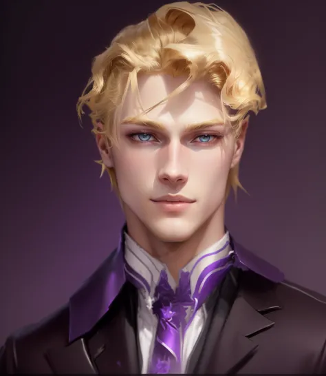 Close-up of a man with blond hair and a purple shirt, beautiful androgynous prince, gentle androgynous prince, handsome guy in d...