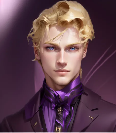Close-up of a man with blond hair and a purple shirt, beautiful androgynous prince, gentle androgynous prince, handsome guy in d...