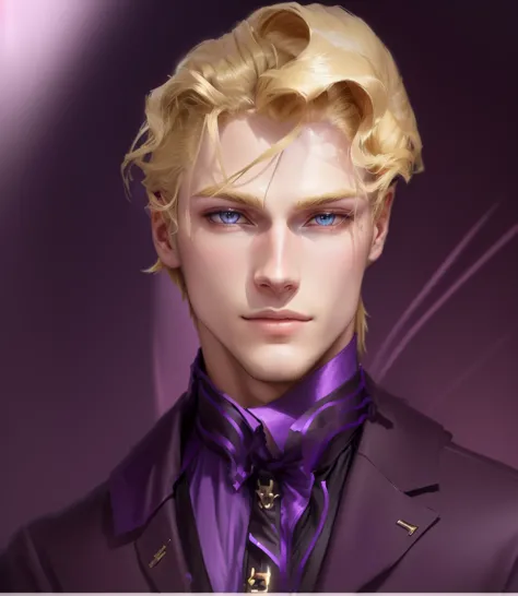 close-up of a man with blond hair and a purple shirt, beautiful androgynous prince, gentle androgynous prince, handsome guy in d...