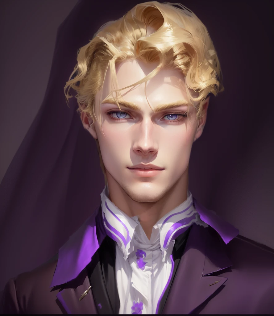 Nahaufnahme eines Mannes mit blonden Haaren und einem lila Hemd, Schöner androgyner Prinz, sanfter androgyner Prinz, hübscher Typ in der Dämonentöter-Kunst, Jojo im Anime-Stil, Johan Liebert arbeitet mit Alucard zusammen, gemacht von einem Anime-Künstler&#39;s Studio, Anime-Porträt eines gutaussehenden Mannes, Johann Liebert and Dante, gezeichnet von einem Anime-Künstler&#39;s Studio, androgynes Gesicht, Stil von NTY, dunkel, bunt, Kira Yoshikage, Kira Yoshikage, formell, gestreift, Anzug, necktie