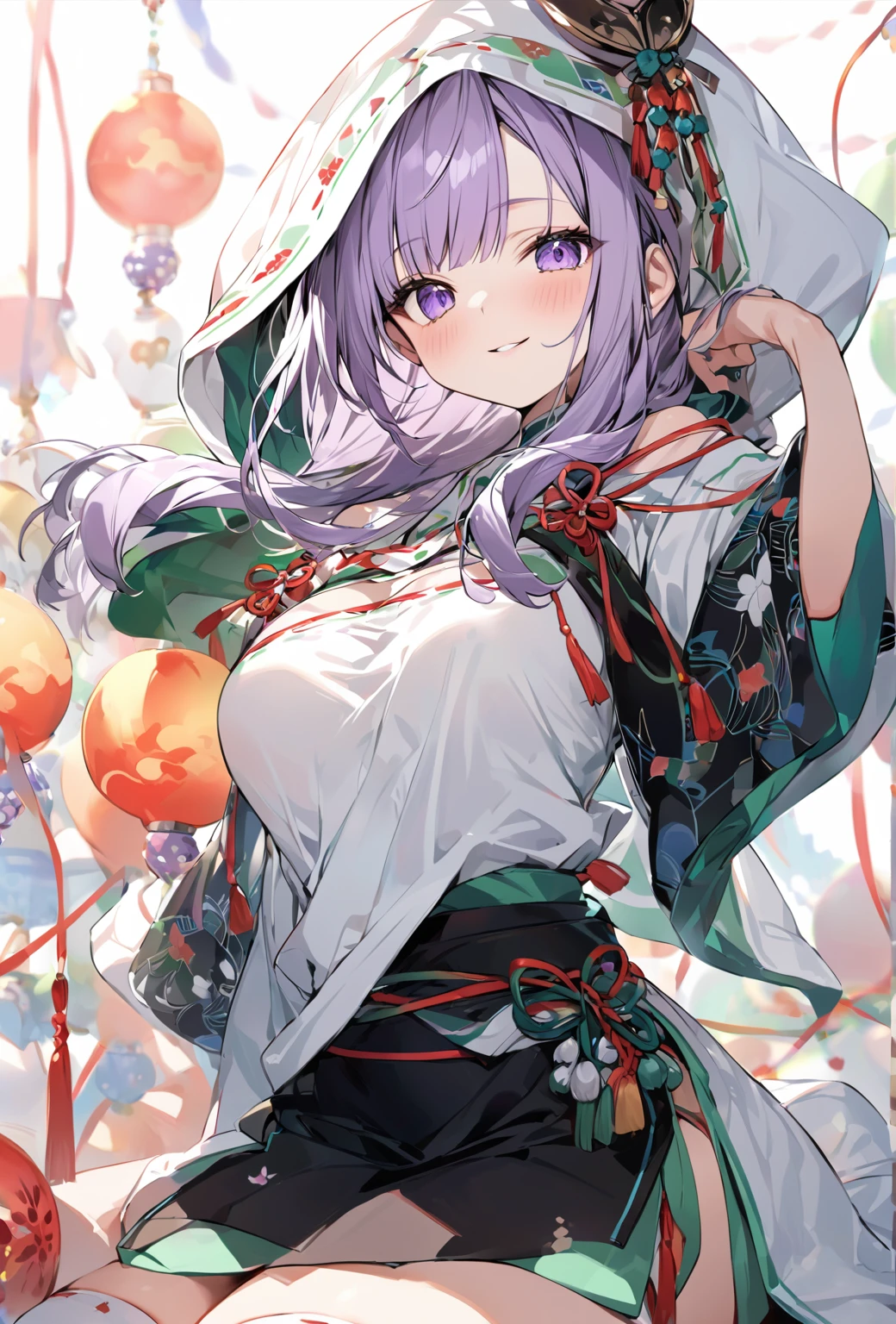 ((Highest quality)), ((masterpiece)), ((Very detailed)), A cute, energetic and active woman with purple hair, about 165cm tall.，A high school girl with a cute smile and ample breasts wearing a cool shrine maiden outfit with a cute patterned hood and cool decorations that expose her navel，Small Faced Woman，alone, Cute attitude,(background(bright)，Long Hair - Straight，Knee-high socks、A cool shrine maiden outfit with a cute pattern, white hood, off-the-shoulder, cool decorations, and a bare belly button.，White wall、Sitting、Facing the viewer、縁に模様がある壁が1面のbackground