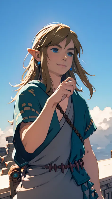 botw、Link、Subjective、looking at the camera、Plainale、Light blue hoodie、Masterpiece、Highest quality、male体型、Flowing Hair、smile、Simp...