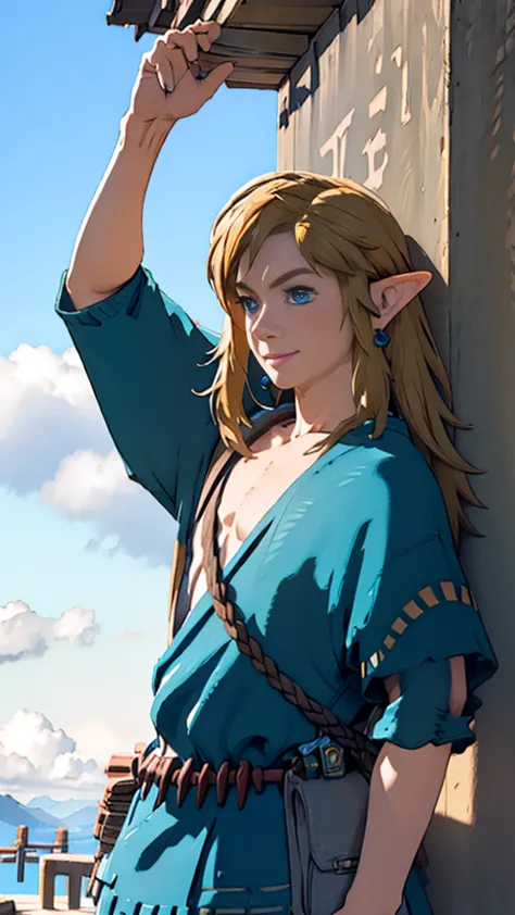 botw、Link、Subjective、looking at the camera、sky diving、male、Light blue hoodie、Masterpiece、Highest quality、male体型、Flowing Hair、smi...