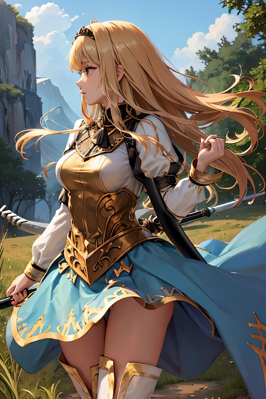 （（（ＳＦＷ、sound、Highest quality、first-clasasterpiece、Normal body、8K、Detailed face、Ultra-precision、Normal hand、Normal finger、５Finger、Highest）））、beautiful girl、Golden blonde;1.4、slender、low length、Thin legs、Alisha、Valkyrie Profile、princess、Rapier、Fleeting、Deep woods、profile、Rapier、attack、The skirt is blown up by the wind、Panty shot、Pure white pants、I can see your pants