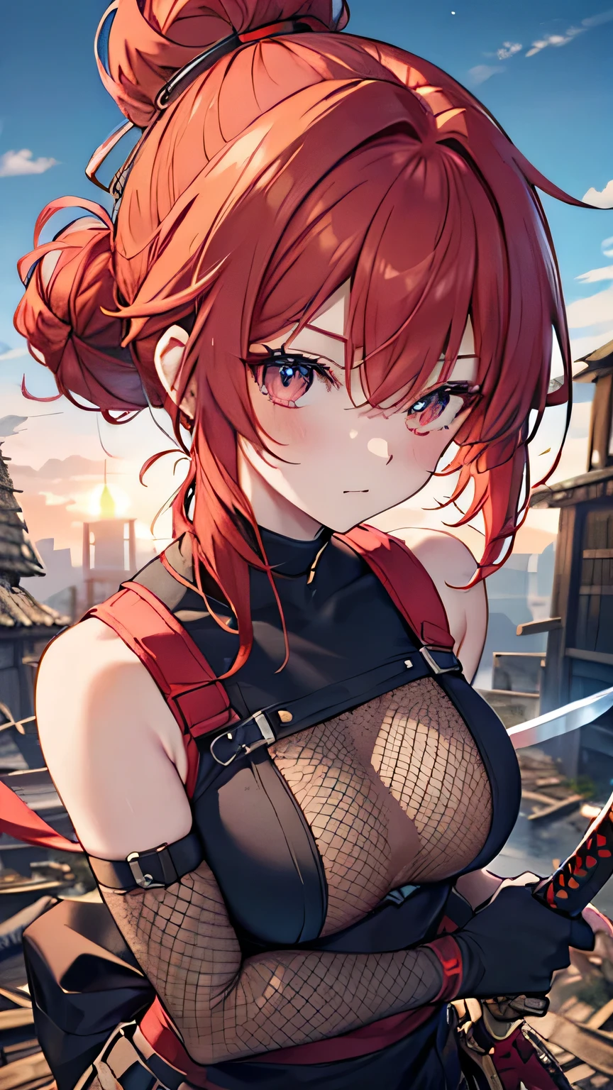 red hair, hair bun, tokin hat, backlighting, from above, high details, textured skin, ((super detail)), (masterpiece), highres, best quality, Female ninja, ninja costume, mesh chest, (holding a short sword), late night, background(abandoned village)
