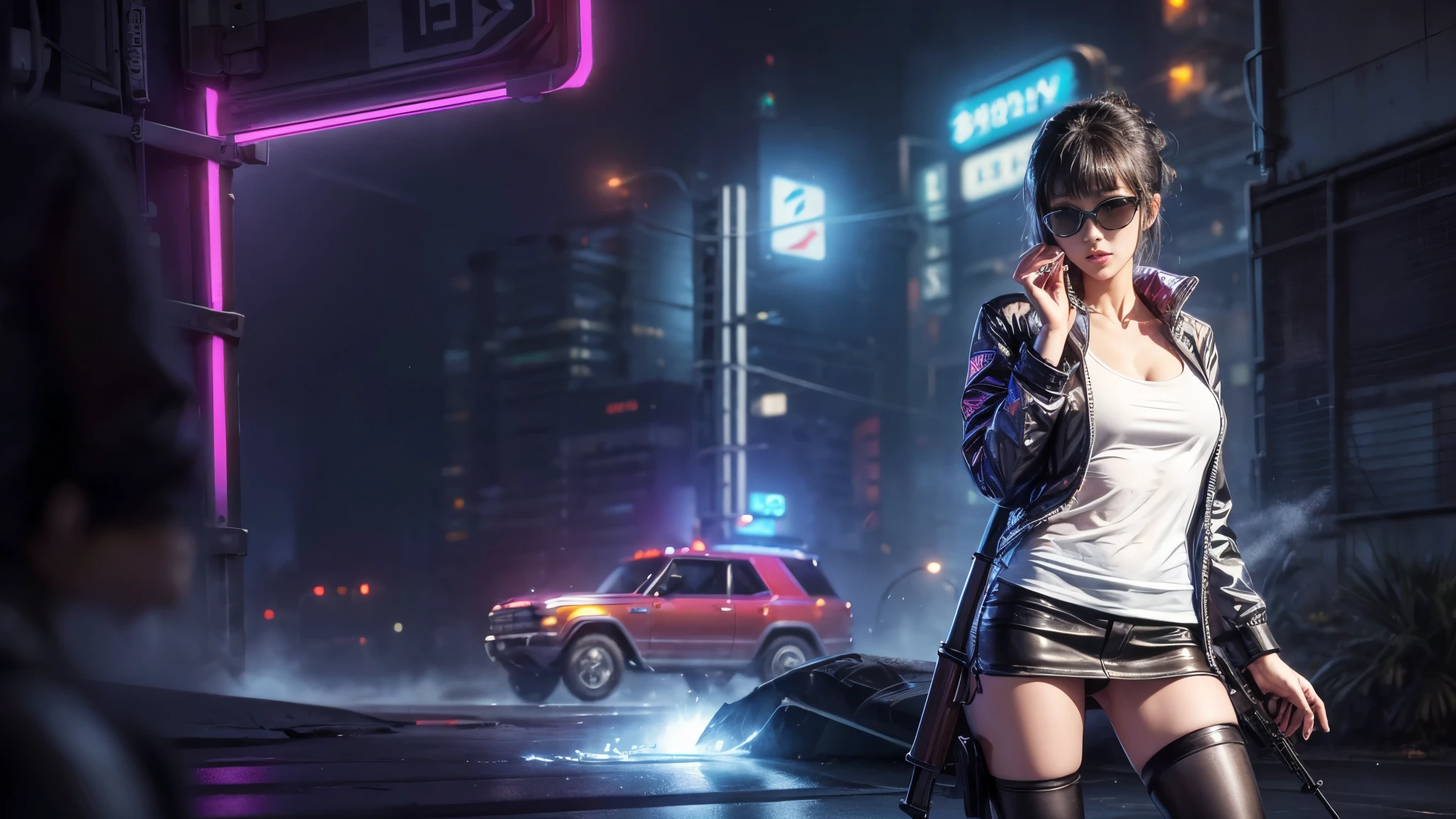 ８K, Realistic SKin Texture, foto realista, Neo ToKyo, mulheres japonesas magras, peito grande:1.3 decote, ＡＤ2050 à noite, Dirty hunting jacKet, Vestindo várias camisas, minisKirt, (((blacK sunglasses, espingarda automática, sneaKers, frio, pose de tiro, Vista de ângulo baixo))), composição inovadora, vingança, An old 1966 Ford Bronco that looKs out of place in a city, cyberpunK, Visão de mundo do Blade Runner, Grande letreiro de néon, Sinal de holograma de gueixa, Strong WaKamoto Sign.