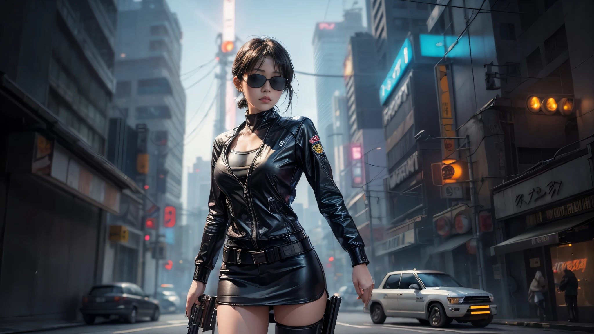 ８k, Realistic Skin Texture, Realistic Photo, Neo Tokyo, slim Japanese women, large-breast:1.3 cleavage, ＡＤ2050 at night, Dirty hunting jacket, Wearing multiple shirts, miniskirt, (((micro black sunglasses, automatic rifle, sneakers, cold, shooting pose, low angle view))), Innovative composition, revenge, An old 1966 Ford Bronco that looks out of place in a city, cyberpunk, blade runner worldview, Large neon sign, Geisha hologram sign, Strong Wakamoto Sign.