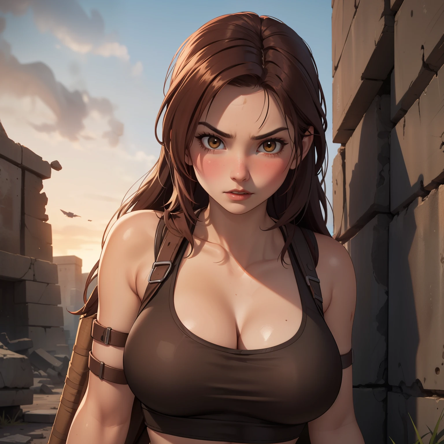  Lara croft woman 20 years old brown hair ,  red like ruby., serious expression, blush,  pale skin, big breasts, lara croft costume, Lara croft cosplay background some ancient ruins.