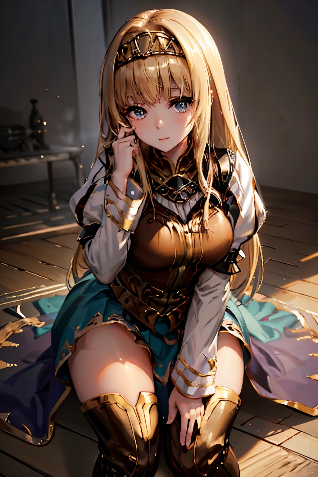 （（（ＳＦＷ、sound、Highest quality、first-clasasterpiece、Normal body、8K、Detailed face、Ultra-precision、Normal hand、Normal finger、５Finger、Highest）））、beautiful girl、Golden blonde;1.4、slender、low length、thin feet、Alisha、Princess、Valkyrie Profile、Fleeting、blush、Dungeons、On all fours、Crawl、Lift up your skirt yourself、Pure white panties、Showing off