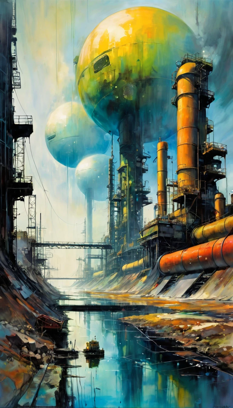 monde futuriste, monde pollué, monde robotique, eau polluée, couleurs du ciel pollué, industrie, pollution, grand paysage,,(art inspiré par Bill Sienkiewicz ). peinture à l&#39;huile)
