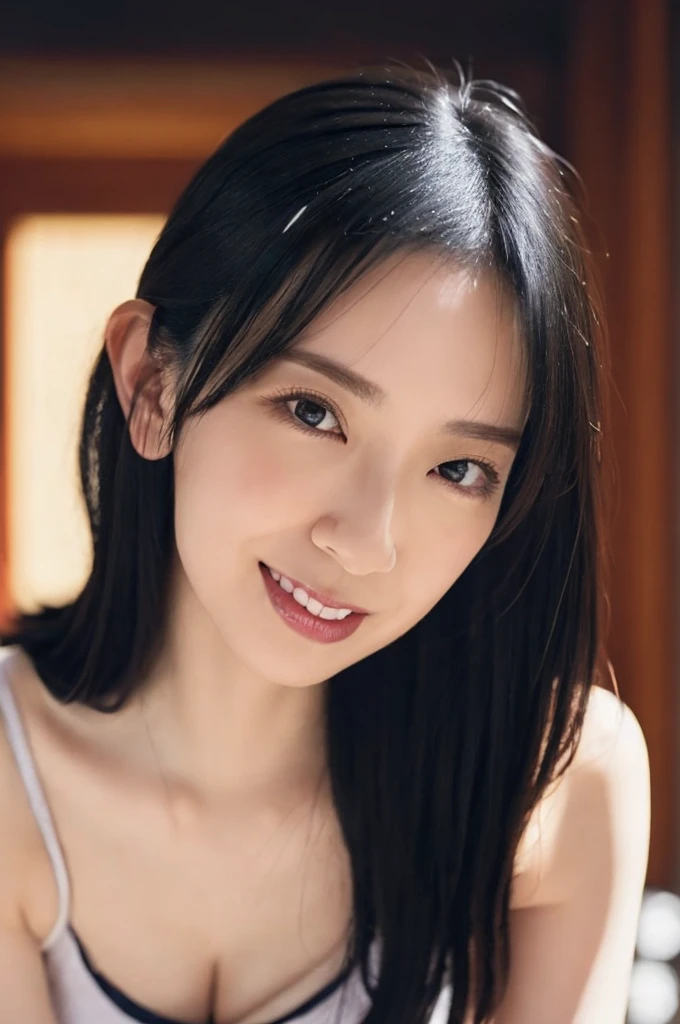 a woman,1 girl,black hair, hair bobbles, longeyelashes, solid circle eyes, light smile, mole under eye, piercing, light smile, shy, puckered lips, Surrealism, drop shadow, stereogram, ass pov, atmospheric perspective, depth of field, first-person view, f/1.8, 8K, super detail, ccurate, best quality, highres, best quality,full body,professional lighting,Cleavage