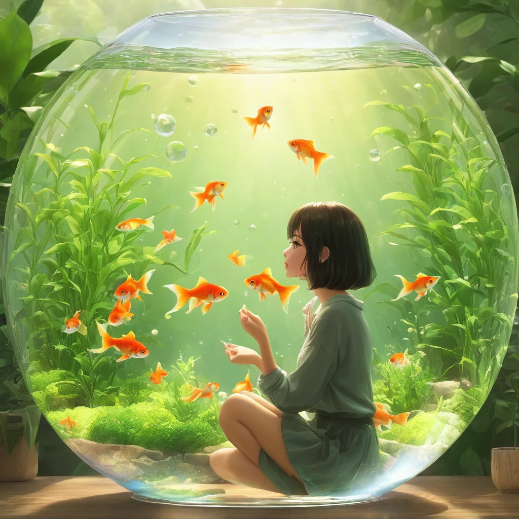 Goldfish in a round glass fishbowl３There are。
A girl looking at it
