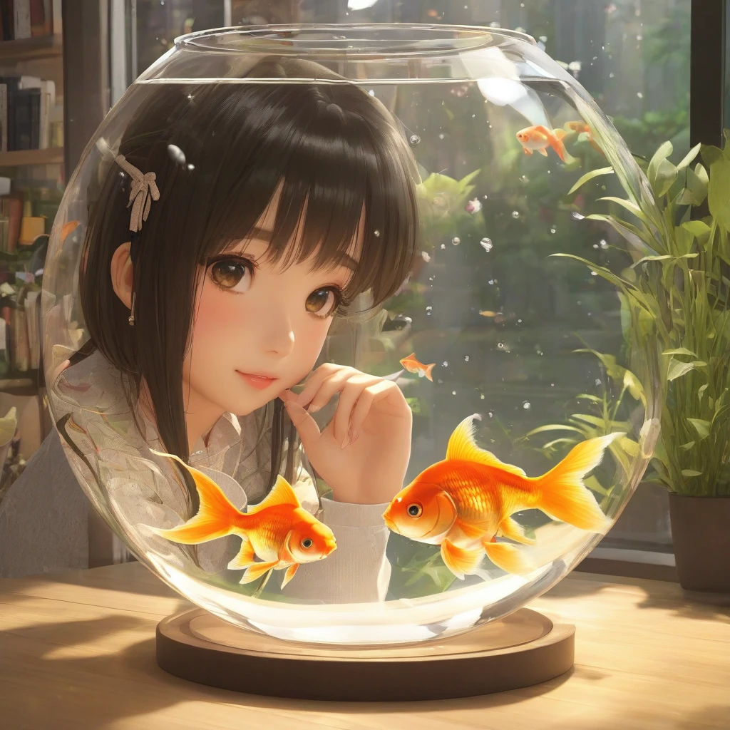 Goldfish in a round glass fishbowl３There are。
A girl looking at it
