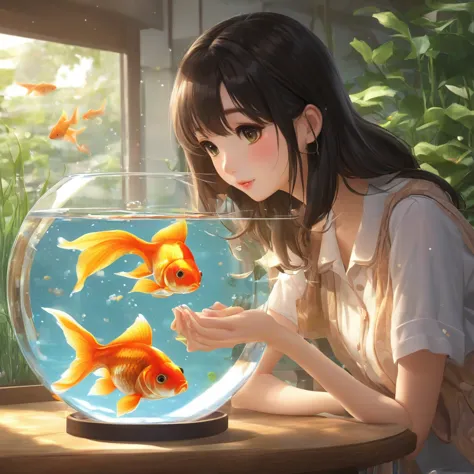 Goldfish in a round glass fishbowl３There are。
A girl looking at it
