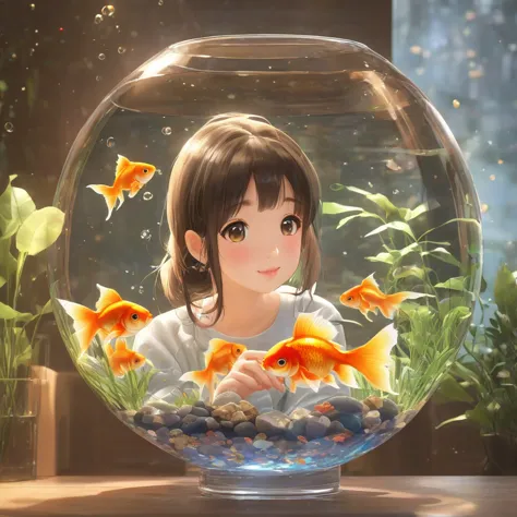 goldfish in a round glass fishbowl３there are。
a girl looking at it