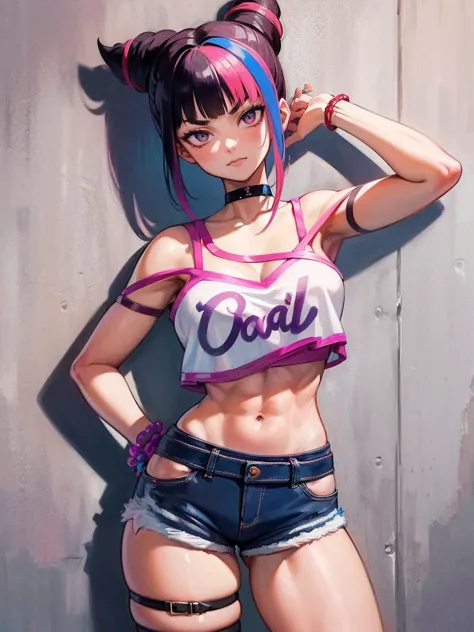 juri han,masterpiece, best quality, 1girl, report, crop-top, jean shorts, choker, (graffiti:1.aint splatter, (hands behind your ...