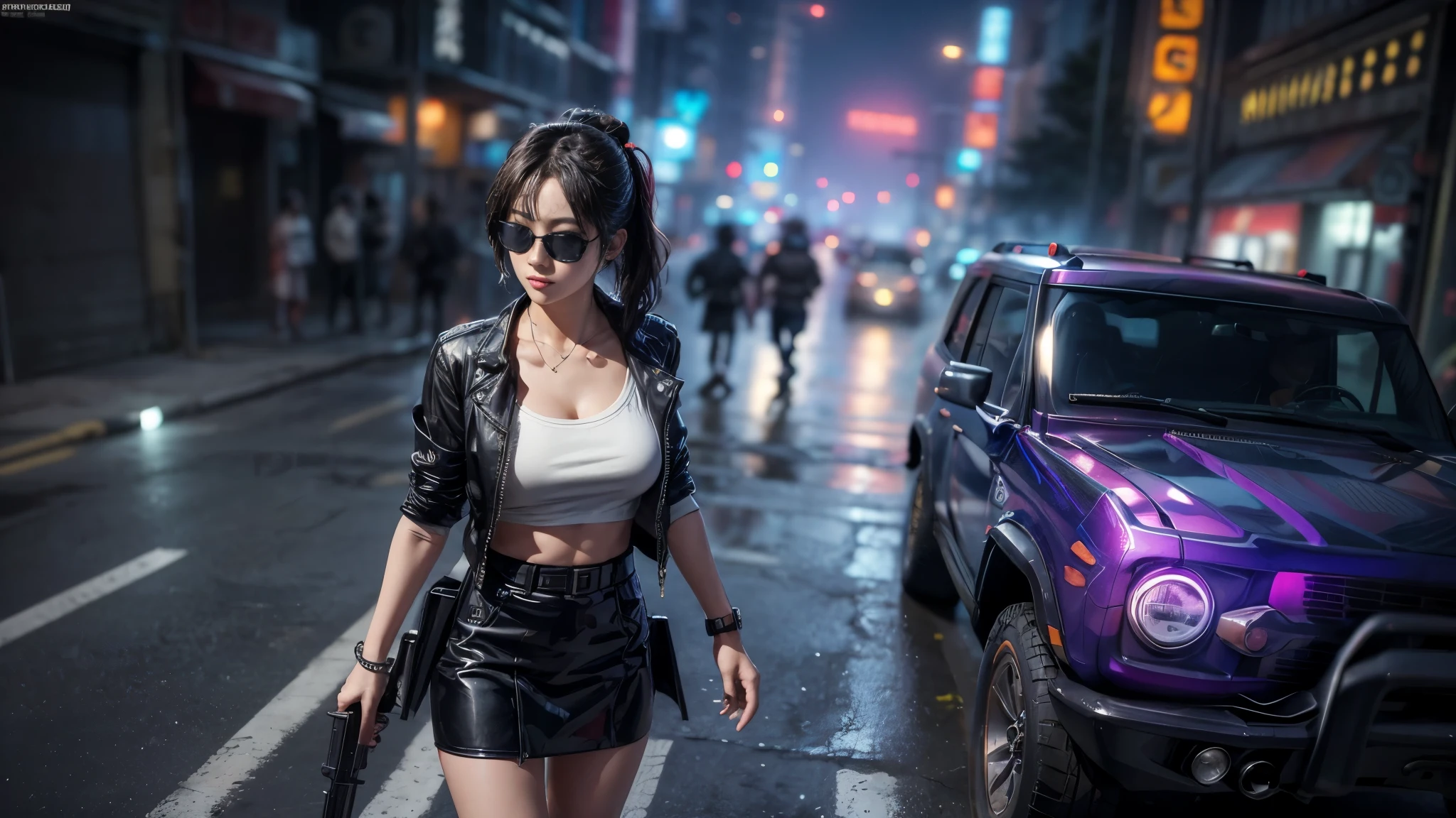 ８K, Realistic SKin Texture, foto realista, Neo ToKyo, mulheres japonesas magras, peito grande:1.3 decote, ＡＤ2050 à noite, Dirty hunting jacKet, vestindo camisa, minisKirt, (((micro blacK sunglasses, espingarda automática, sneaKers, frio, pose de tiro, Vista de ângulo baixo))), composição inovadora, vingança, An old 1966 Ford Bronco that looKs out of place in a city, cyberpunK, Visão de mundo do Blade Runner, Grande letreiro de néon, Sinal de holograma de gueixa, Strong WaKamoto Sign.