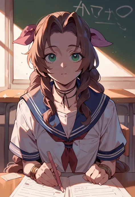 aerith in a sailor uniform studying at a desk in the classroom、front view