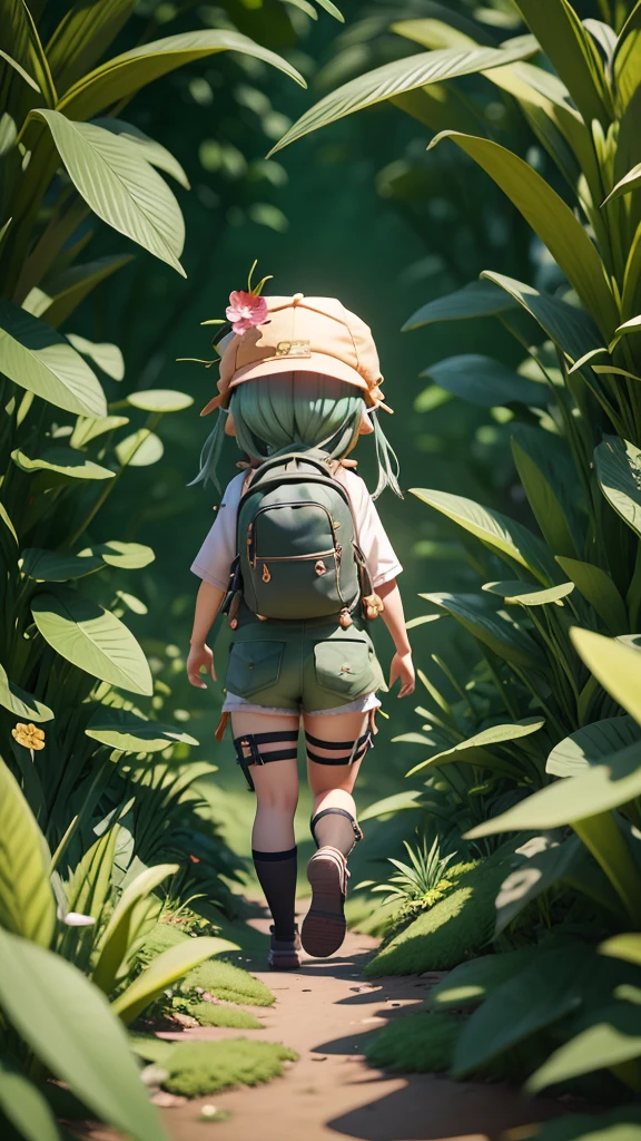 There is a poster of a cartoon character wearing a hat and a backpack., Female Explorer Mini Cute Girl, walking in a wilderness, Flower Jungle, Animation-style rendering, Cute 3D rendering, small character. Unreal Engine 5, Stylized anime, Cute and detailed digital art, Atei Gailan 8K, Stylized 3D rendering, Adventure surreal rendering, Anime style 3D, 3D rendering style