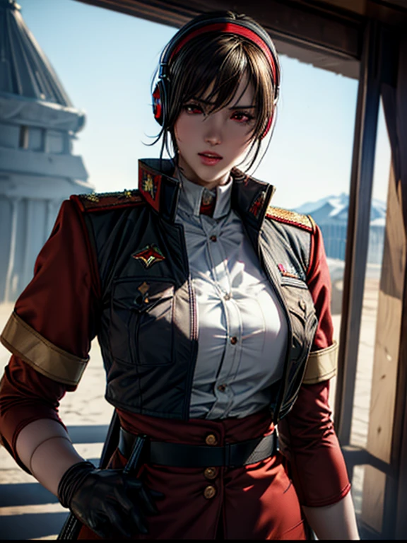 masterpiece , girl, On the battlefield, ( Light white short hair:1.2), (Red eyes:1.2), (Russian military uniforms:1.2), (View your viewers:1.2) , (8K, 最high quality 1.2), Super detailed, 8K Ultra HD, Soft lighting, high quality, Film Grain, Beautiful lighting, Cinematic ,Perfect body , Best lighting, Best Shadow, Sharpness, Contrast, Red glasses, Messy Hair, Tactical Vest, gloves, headset, Absurd high definition faces