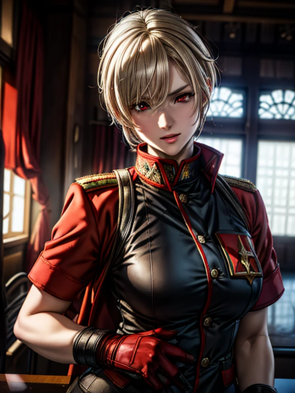 masterpiece , girl, On the battlefield, ( Light white short hair:1.2), (Red eyes:1.2), (Russian military uniforms:1.2), (View your viewers:1.2) , (8K, 最high quality 1.2), Super detailed, 8K Ultra HD, Soft lighting, high quality, Film Grain, Beautiful lighting, Cinematic ,Perfect body , Best lighting, Best Shadow, Sharpness, Contrast, Red glasses, Messy Hair, Tactical Vest, gloves, headset, Absurd high definition faces