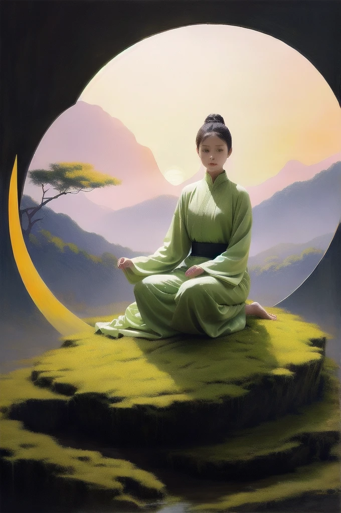 1 girl,moon,sun，Tai Chi diagram，Very high quality，Best masterpiece，Vibrant colors，Rich colors