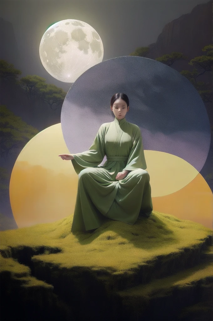 1 girl,moon,sun，Tai Chi diagram，Very high quality，Best masterpiece，Vibrant colors，Rich colors